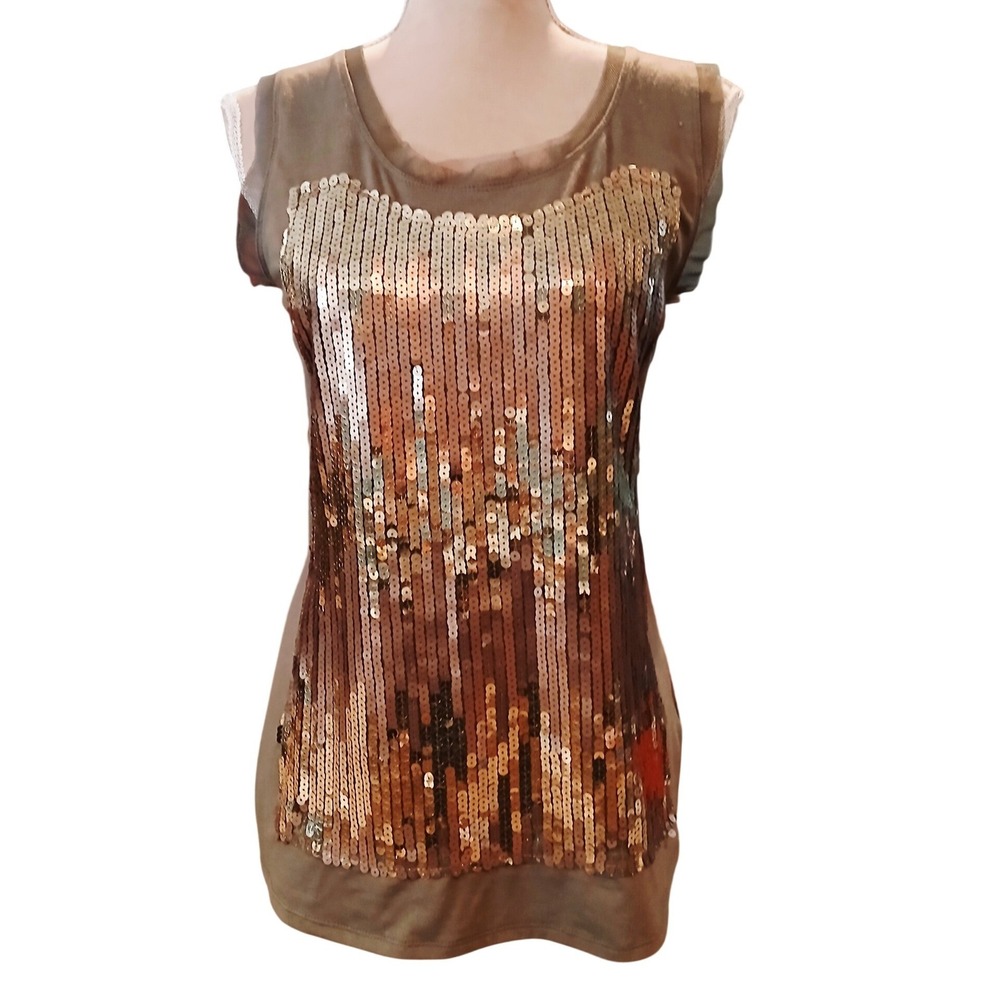 Studio Y Womens Sequin Tank Top Olive Green Gold Bronze Sleeveless Mesh Trim S